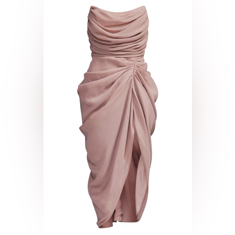 PrettyLittleThing Strapless Taupe Chiffon Corset Bandeau Drapped Midi Dress - Picture 3 of 4